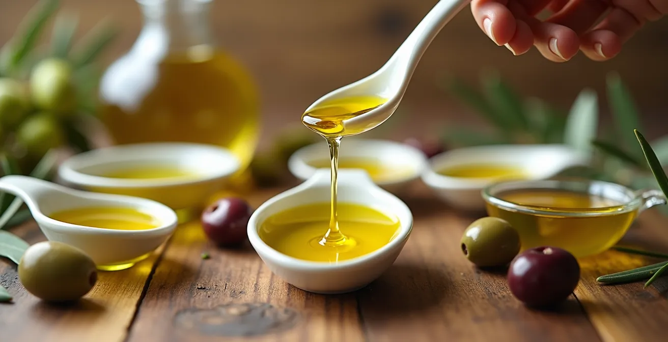 Cata de aceite de oliva con diferentes tonalidades doradas y verdosas