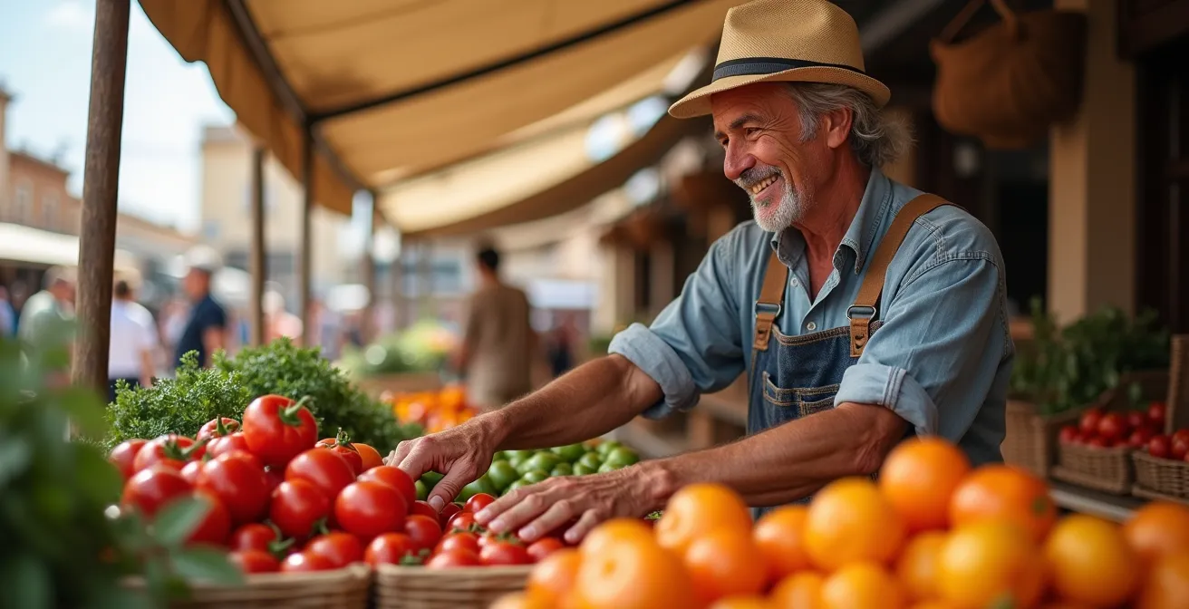 Agricultor sevillano sonriente vendiendo verduras frescas y coloridas en su puesto del mercado de la Feria.