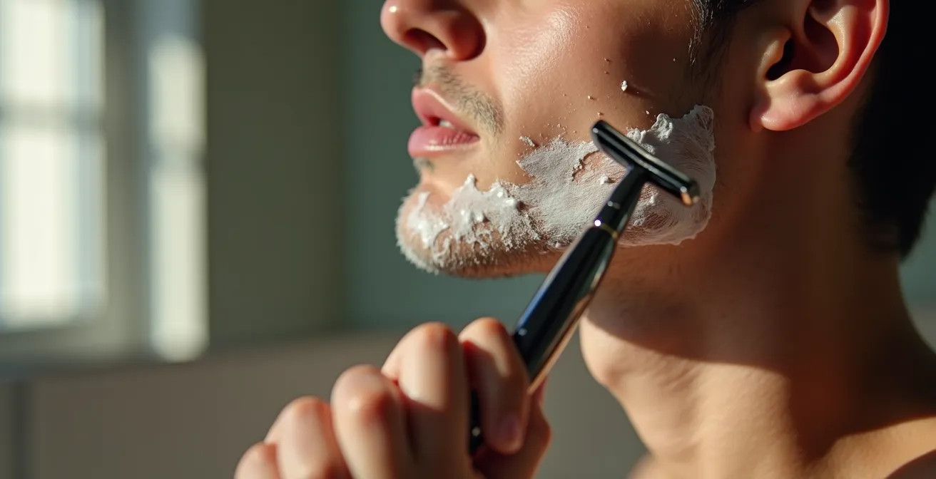 Demostración del ángulo de 30 grados de la navaja contra la piel en la zona de la barbilla