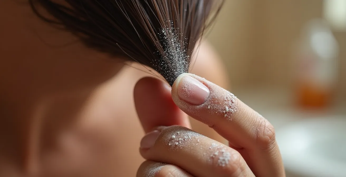 Detalle macro de aplicación de polvos texturizantes en raíces del cabello masculino