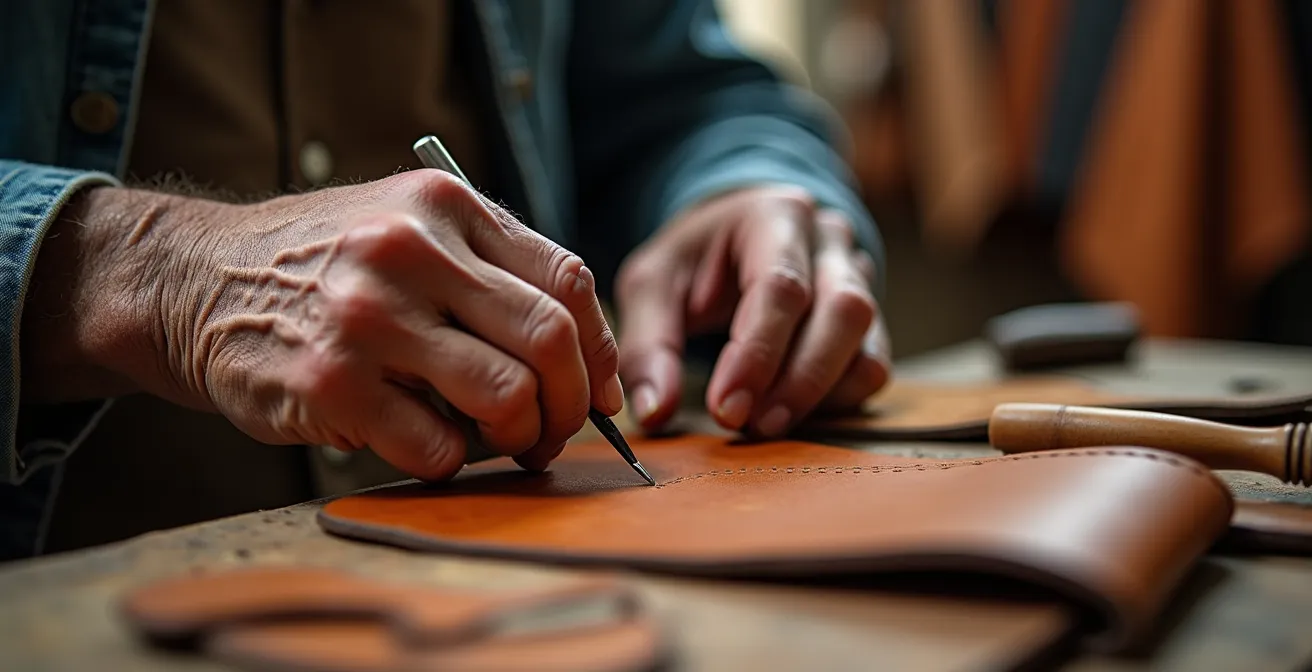 Manos de artesano trabajando el cuero en taller tradicional de Ubrique