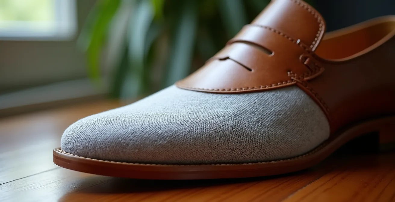 Detalle macro de calcetín invisible con agarre de silicona dentro de mocasín de piel