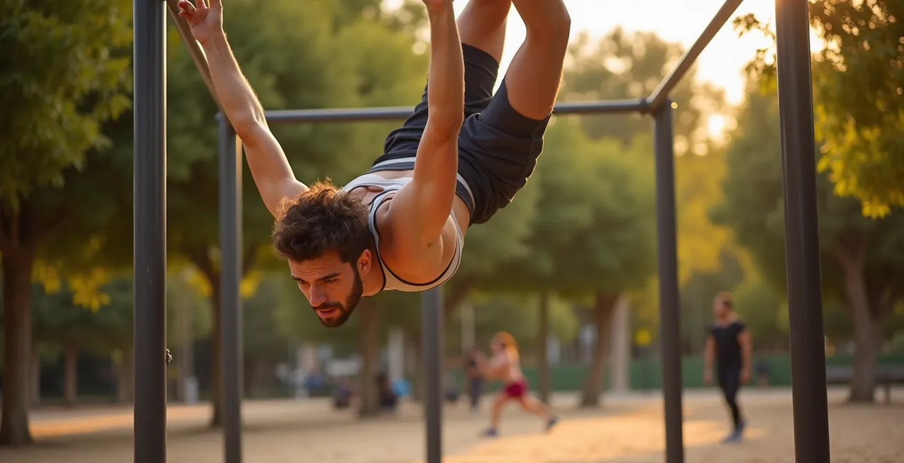 Personas practicando calistenia en las barras del Parque de María Luisa de Sevilla