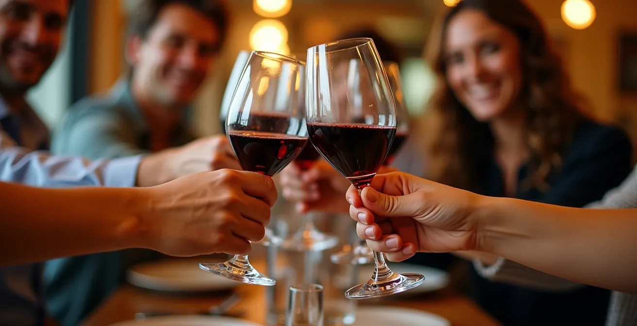 Grupo de amigos brindando con copas de vino español en ambiente festivo mostrando alegría genuina