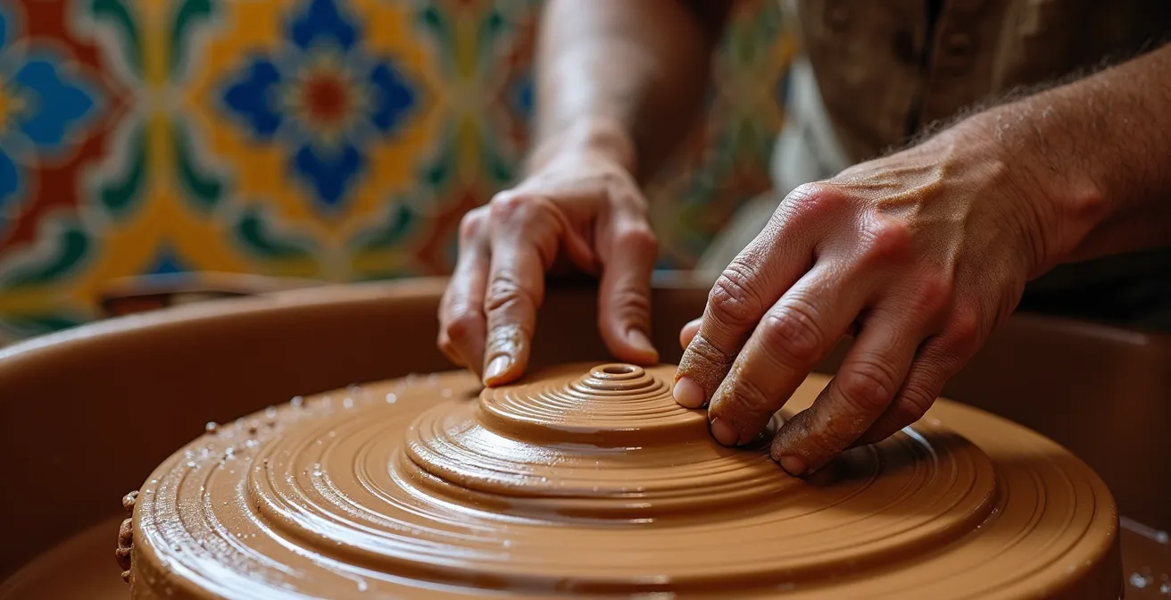 Artesano trabajando cerámica tradicional en taller de Triana con azulejos sevillanos