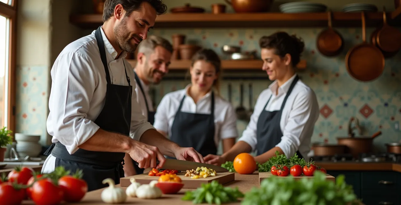Chef enseñando técnicas culinarias andaluzas en una cocina del mercado