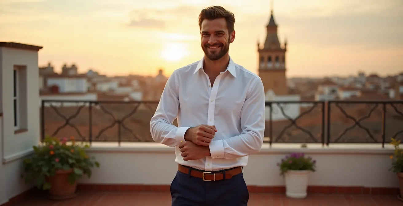 Outfit elegante de noche con camisa de lino y pantalón de algodón en una terraza de Sevilla.