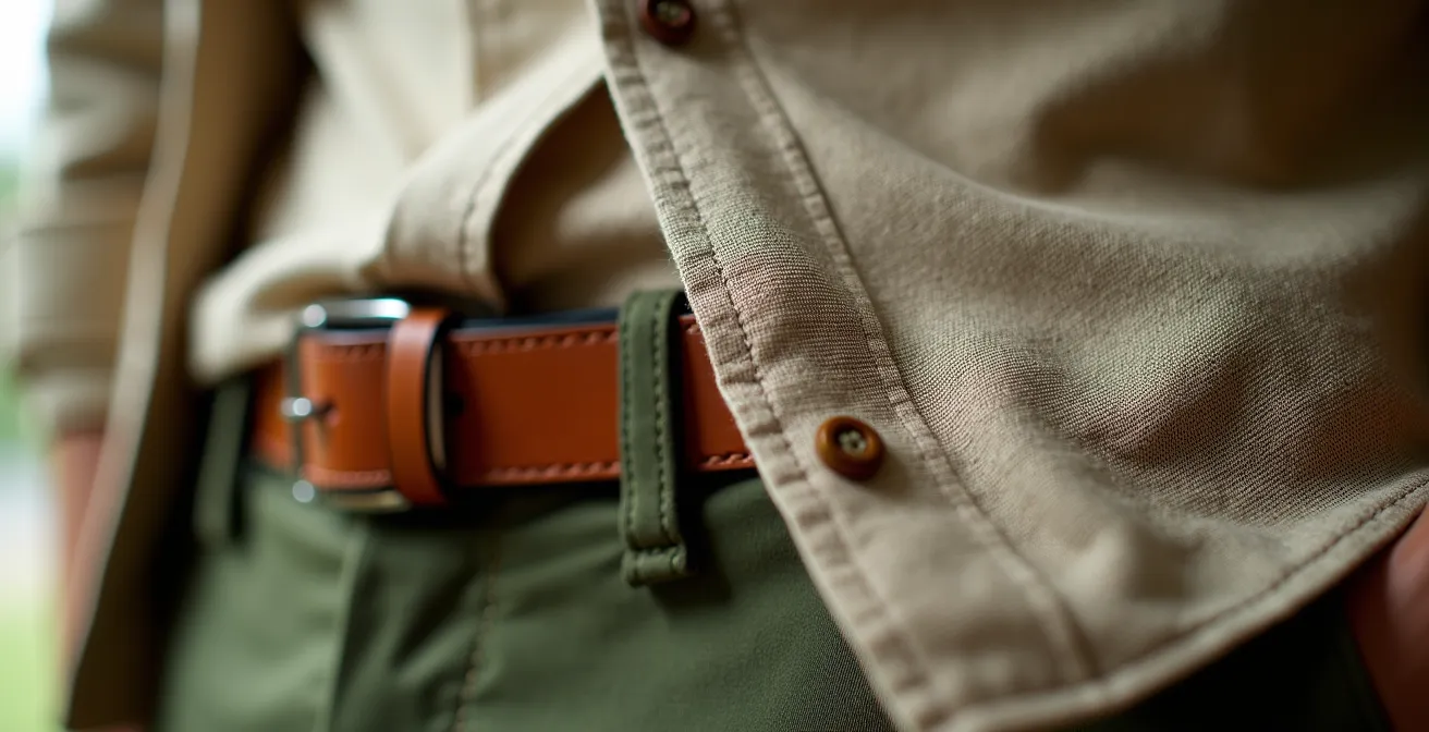 Detalle de textura de pantalón verde oliva combinado con camisa de lino beige y accesorios de cuero marrón