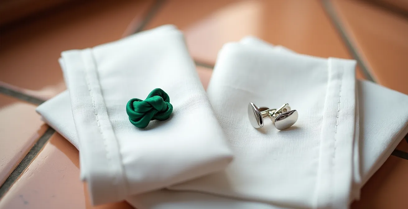 Comparación visual entre gemelos de nudo de seda y cola de ballena sobre camisa de lino