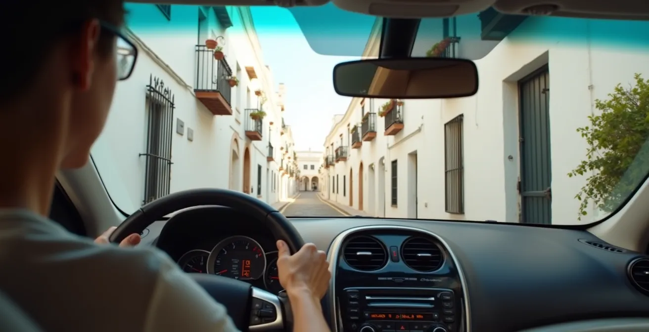 Coche compacto navegando por callejuela estrecha de pueblo blanco andaluz