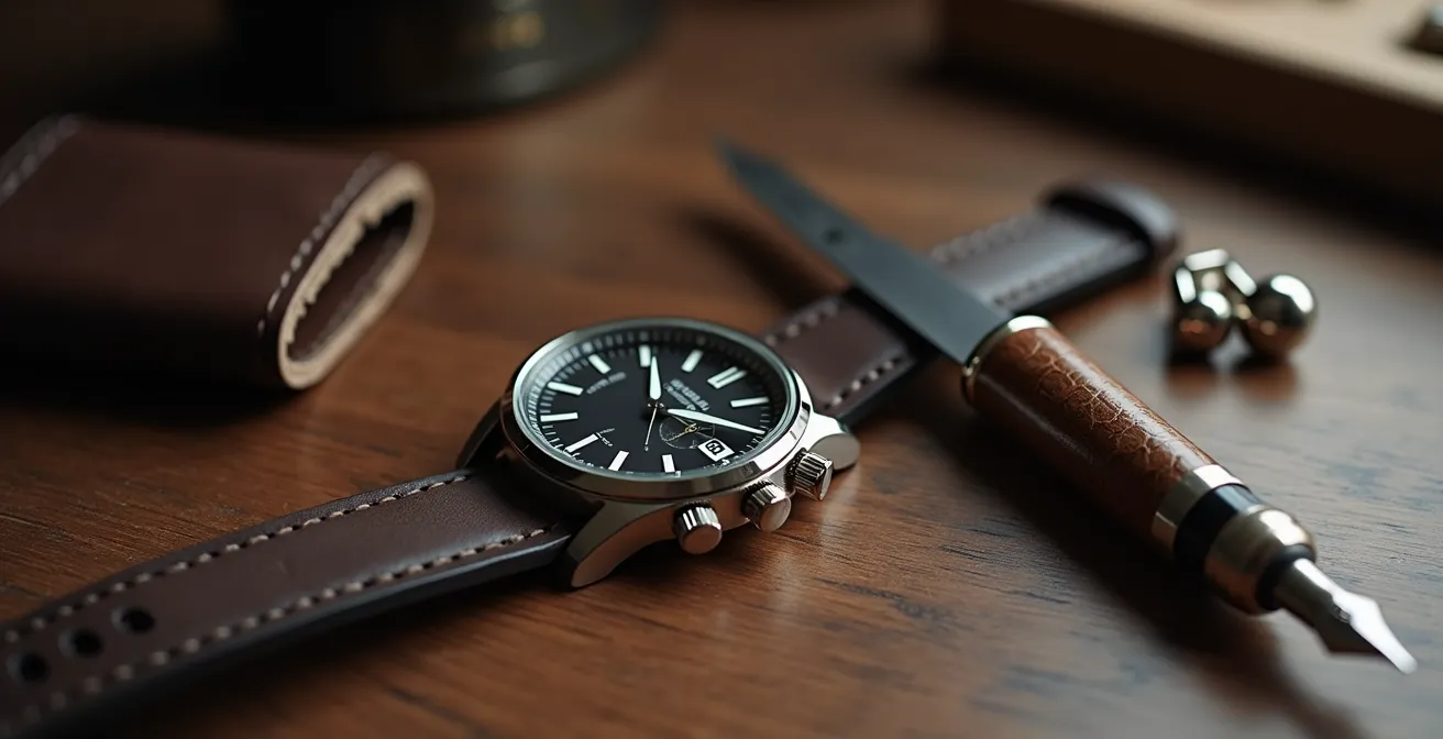 Bodegón minimalista de accesorios masculinos sobre superficie de madera noble