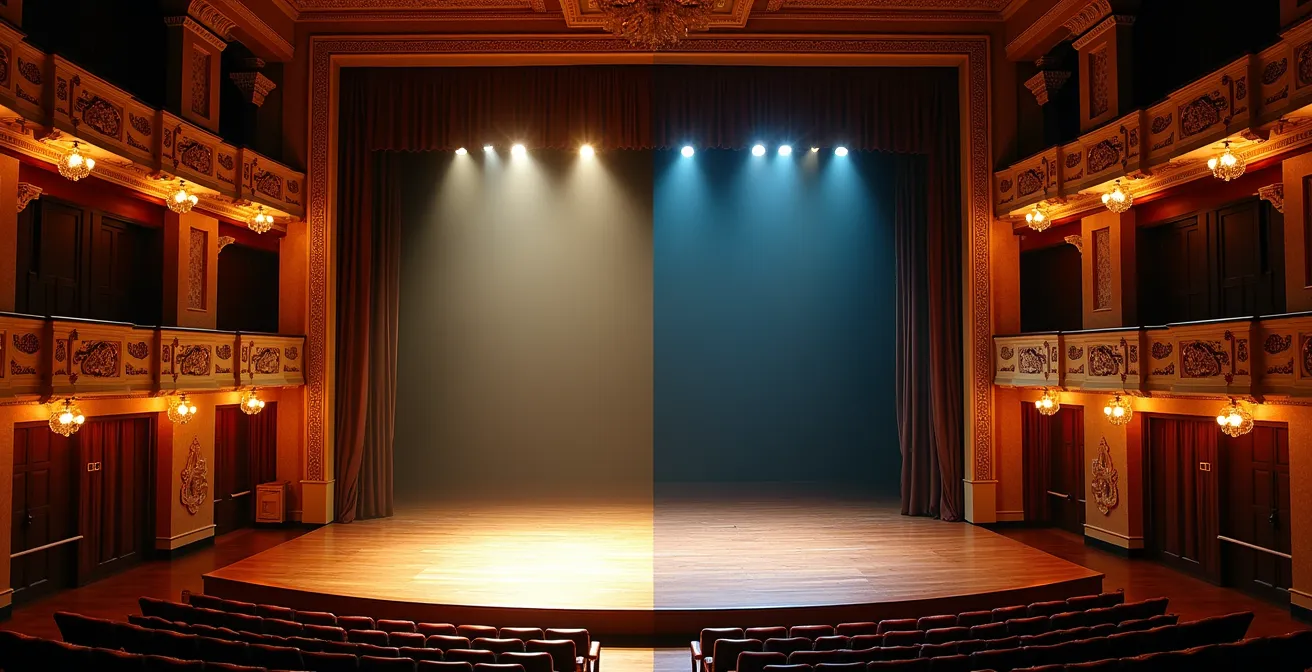 Vista panorámica mostrando contraste entre tablao íntimo y gran teatro