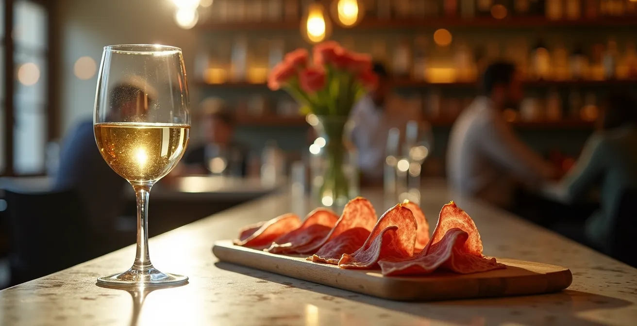 Copa de manzanilla junto a tabla de embutidos ibéricos en bar sevillano