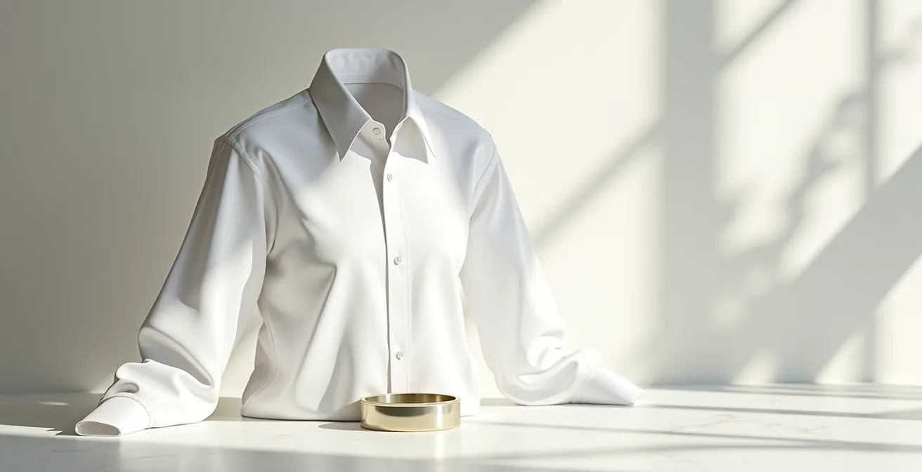 Cuello de camisa blanca perfectamente erguido con ballenas metálicas visibles en composición minimalista