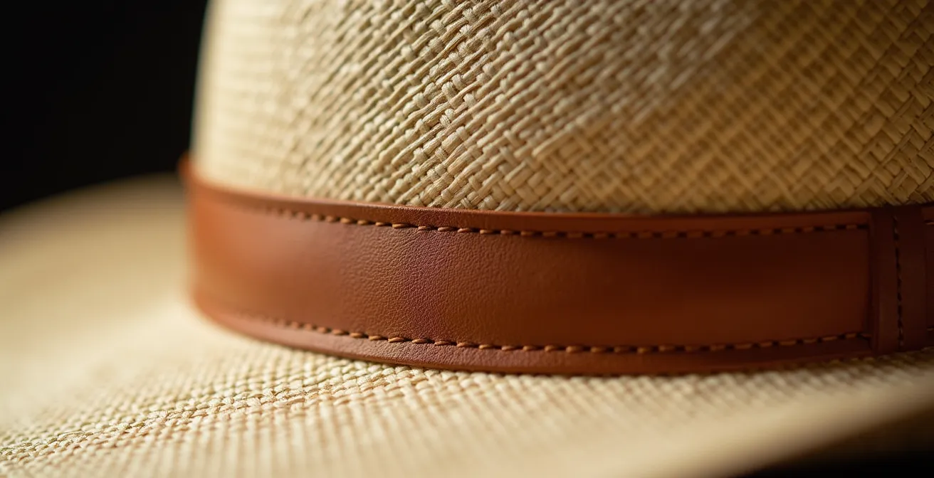 Detalle macro de la banda absorbente de cuero en el interior de un sombrero Panamá de calidad