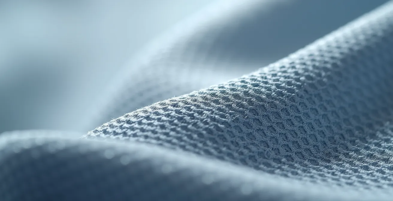 Vista macro de tejido técnico de ropa interior mostrando estructura porosa