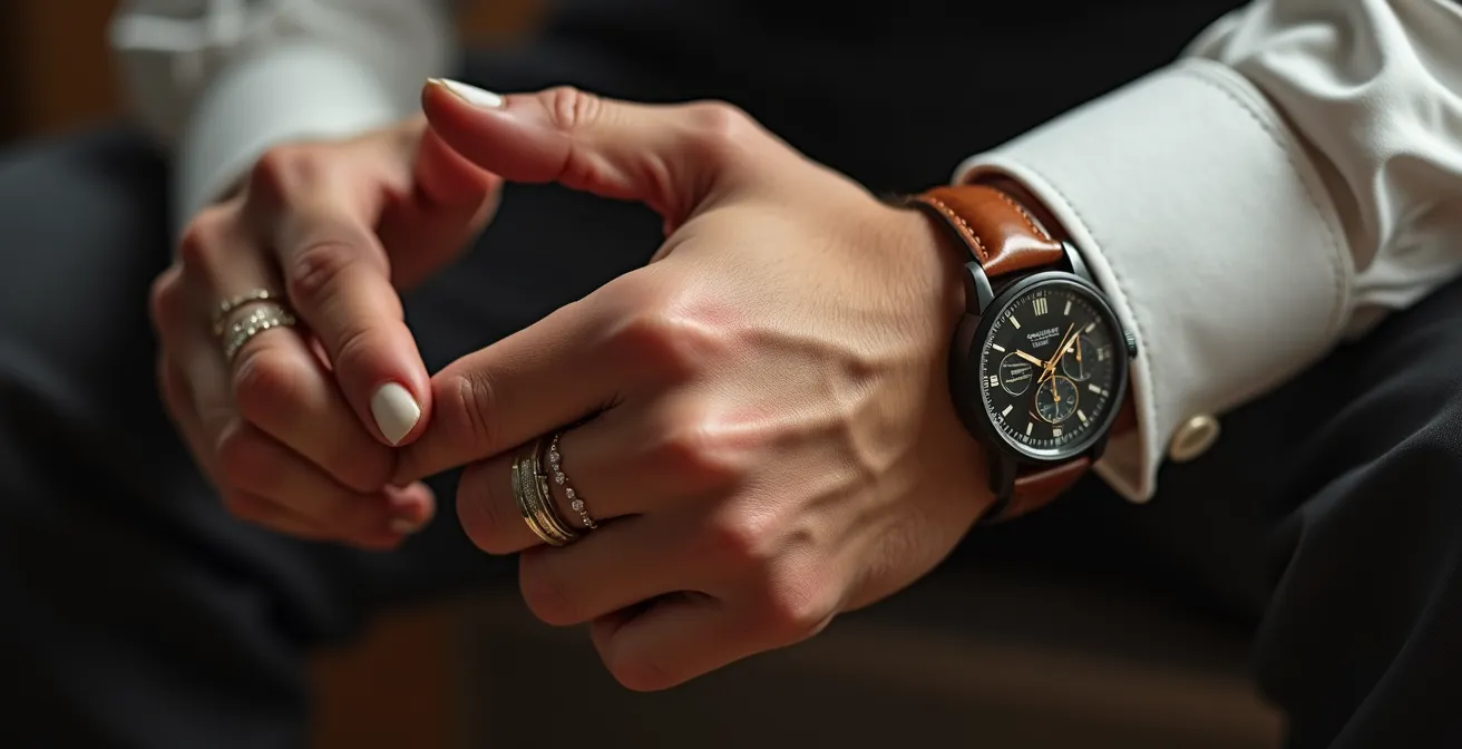 Detalles de elegancia masculina: manos cuidadas, reloj clásico y accesorios coordinados