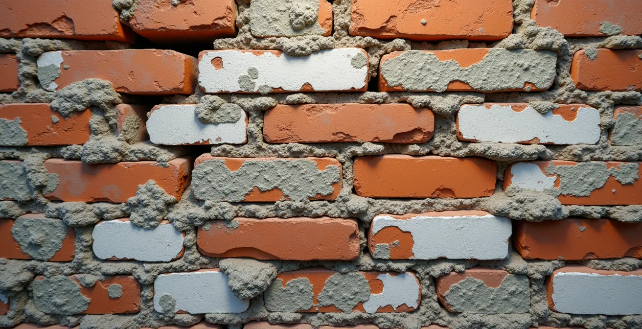Detalle macro de muro antiguo mostrando sales minerales y desconchones típicos de humedad por capilaridad en construcciones sevillanas
