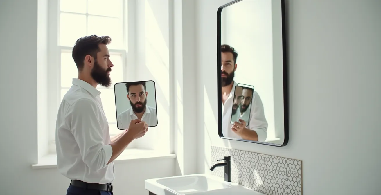 Sistema de doble espejo para lograr simetría perfecta en el arreglo de barba