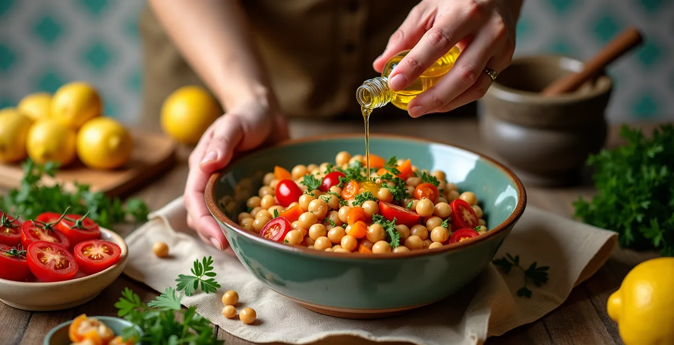 Ensalada colorida de garbanzos con tomates cherry y hierbas frescas