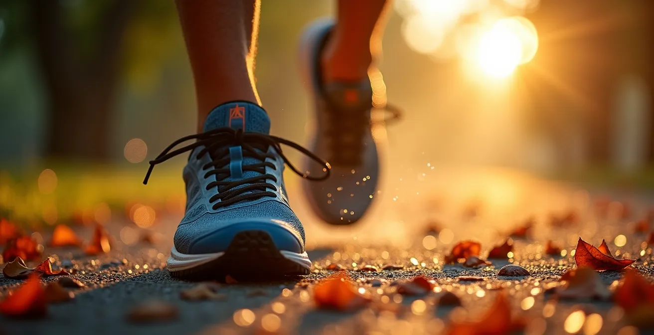 Corredor entrenando al amanecer en un parque de Sevilla con sombra de árboles