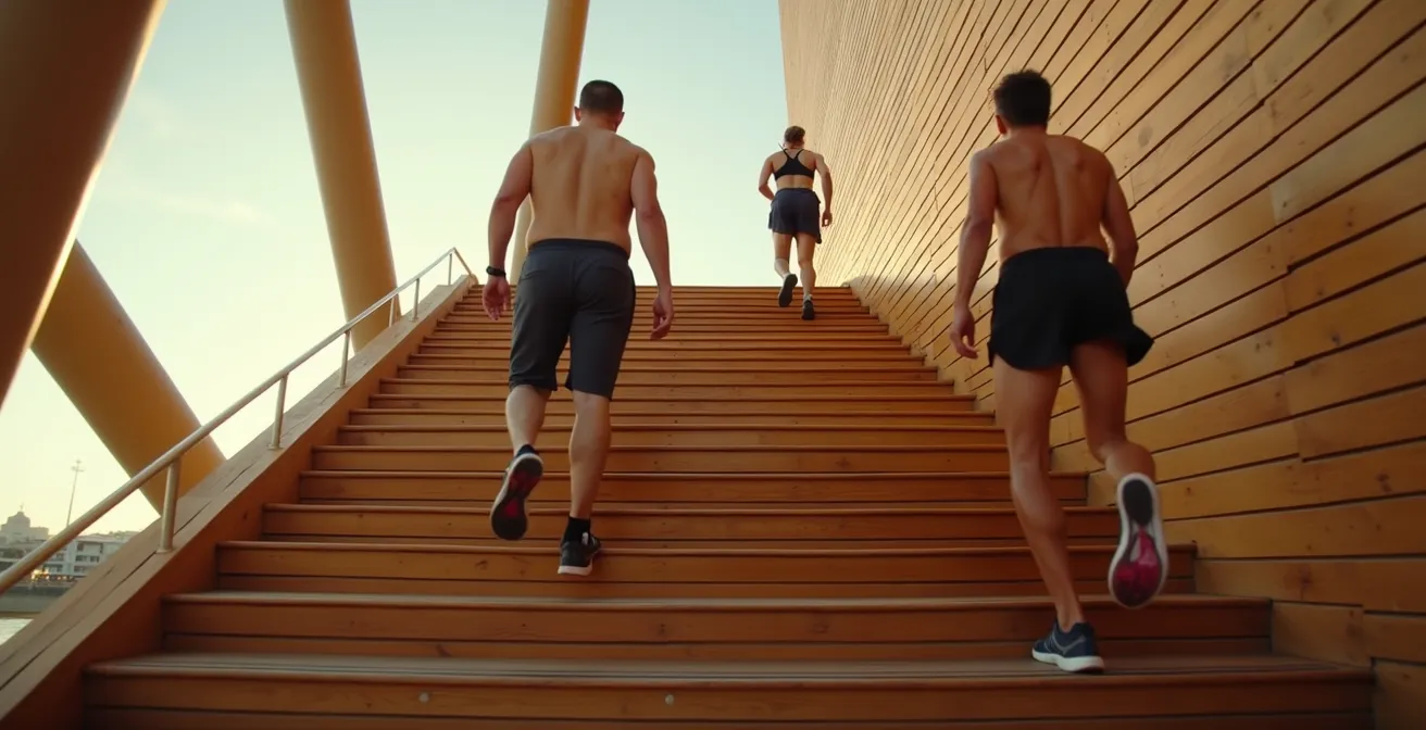 Escaleras del Metropol Parasol con personas subiendo a diferentes ritmos durante el atardecer