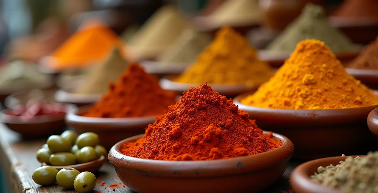 Primer plano de especias y aceitunas andaluzas en recipientes tradicionales de cerámica