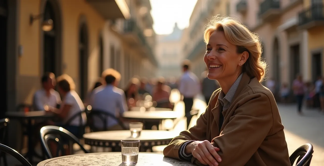 Persona relajada en una terraza de la Alameda de Hércules en Sevilla, personificando la filosofía del 'no pasa nada'