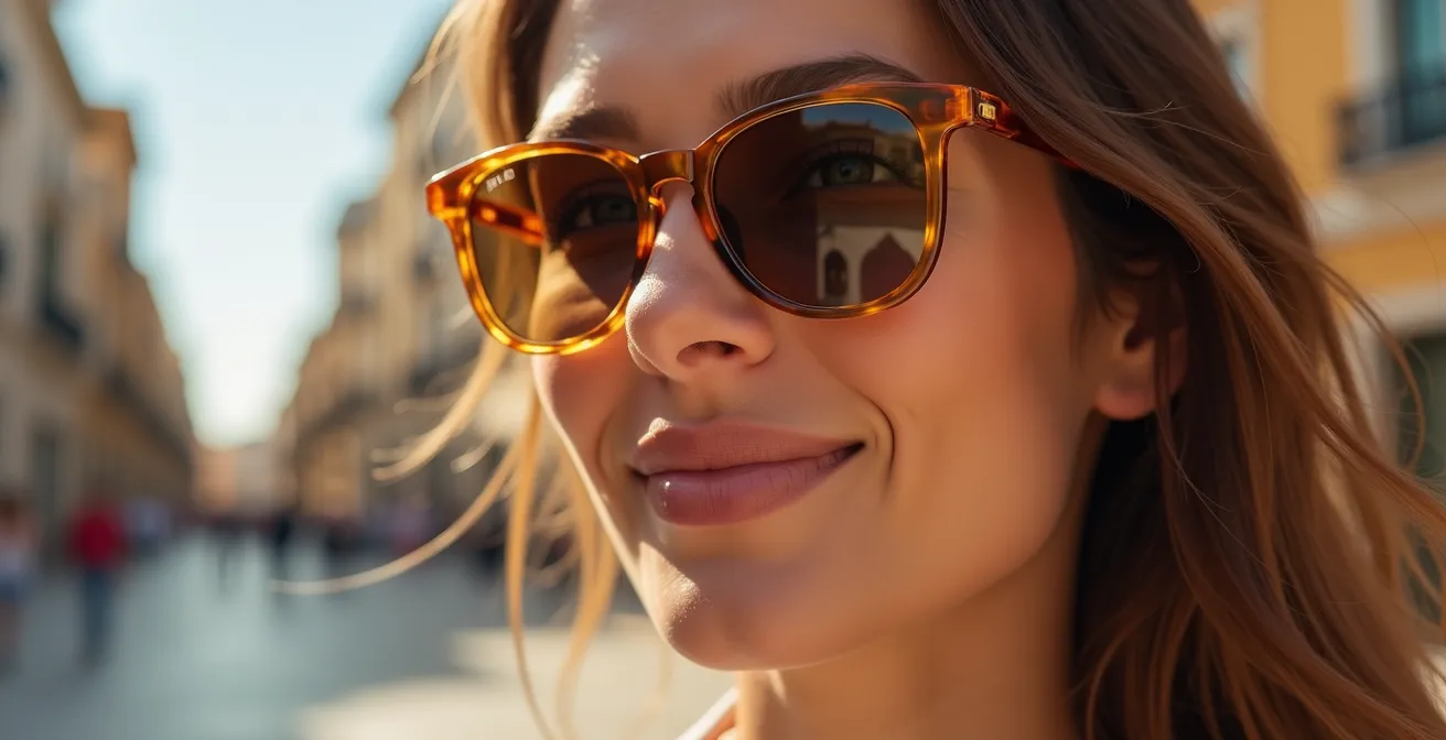 Persona con gafas de sol polarizadas reflejando la arquitectura sevillana al atardecer