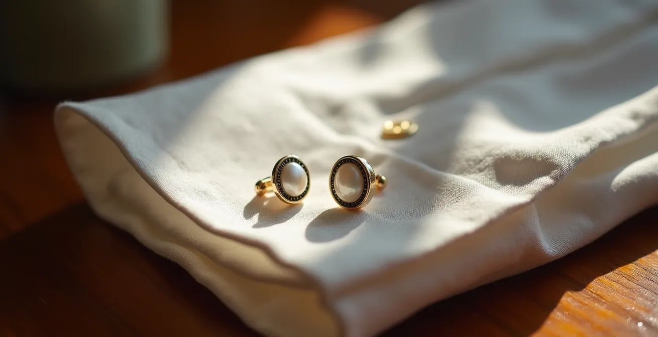 Puño de camisa de lino con gemelos de nácar sobre mesa de madera