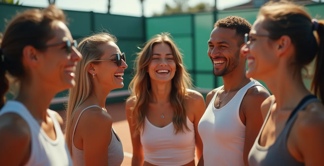 Grupo diverso de amigos disfrutando de un partido de pádel en una pista española, con expresiones de alegría genuina y camaradería.