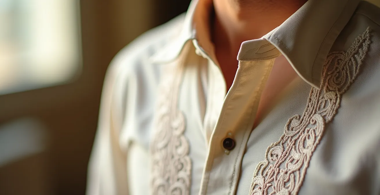 Detalle de guayabera de lino con bordados discretos y alforzas
