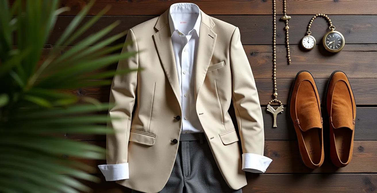 Conjunto elegante masculino para Domingo de Ramos con americana clara y detalles tradicionales
