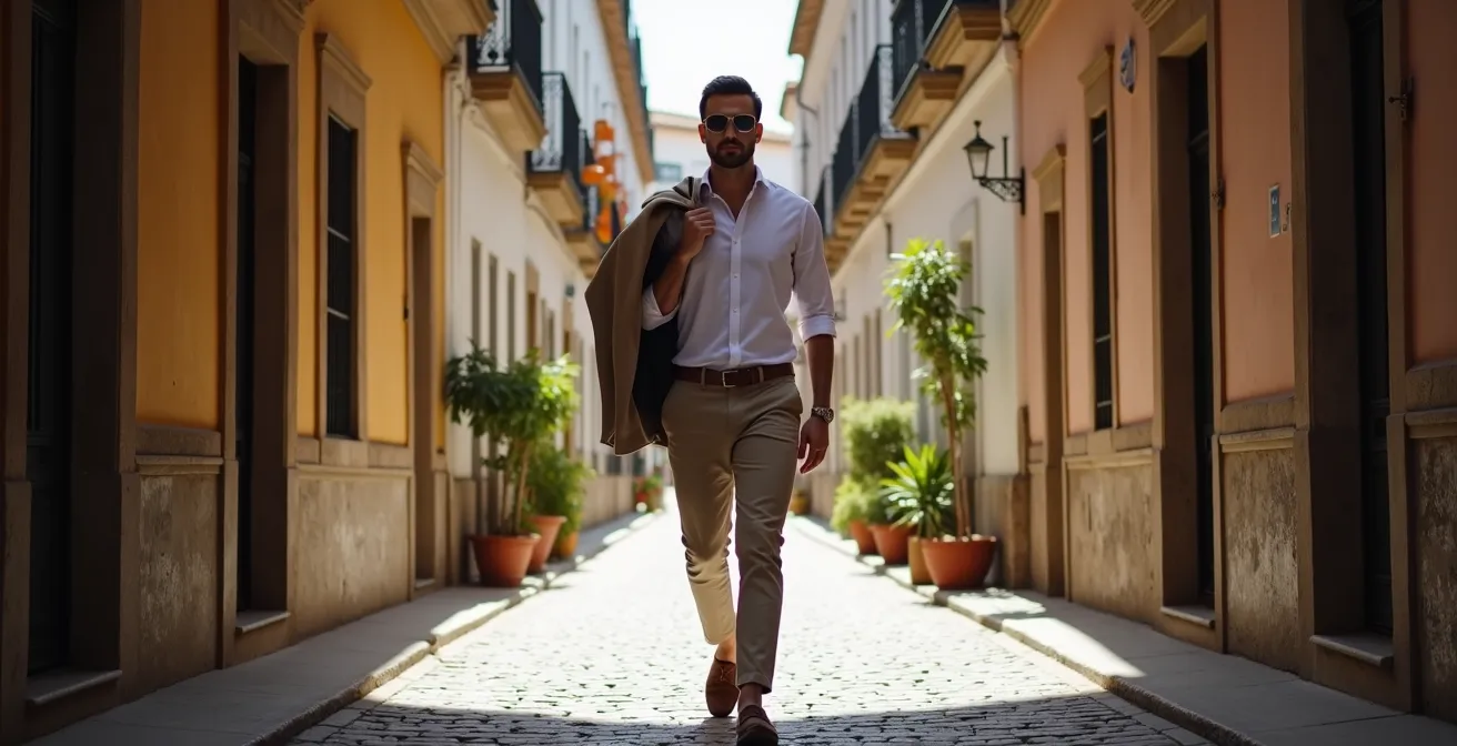 Hombre con estilo business casual caminando por una calle típica sevillana