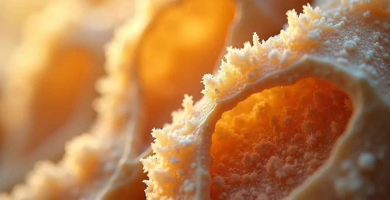 Vista microscópica de tejido óseo denso y saludable por entrenamiento de fuerza