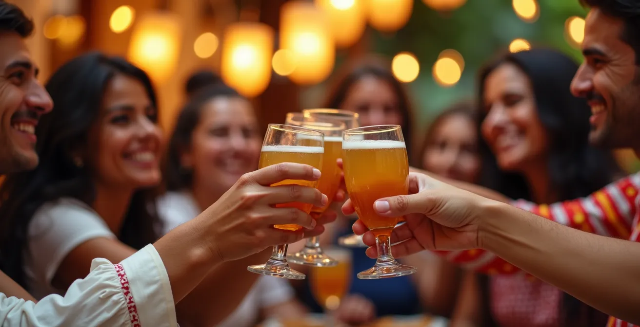 Grupo diverso riendo y brindando con rebujito en ambiente festivo