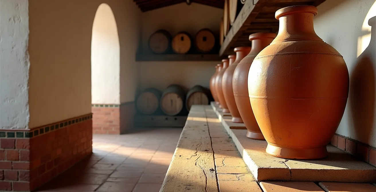 Interior de abacería sevillana con grandes tinajas de barro y ambiente histórico
