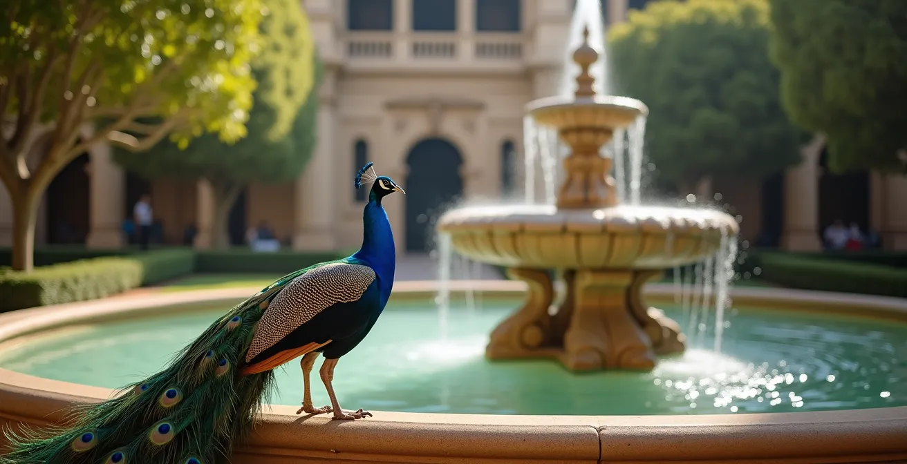 Pavos reales junto a la fuente de Mercurio en los jardines del Real Alcázar