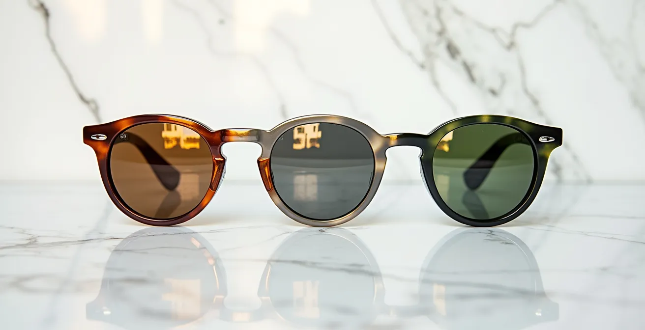 Comparación visual de diferentes tintes de lentes con la arquitectura sevillana de fondo