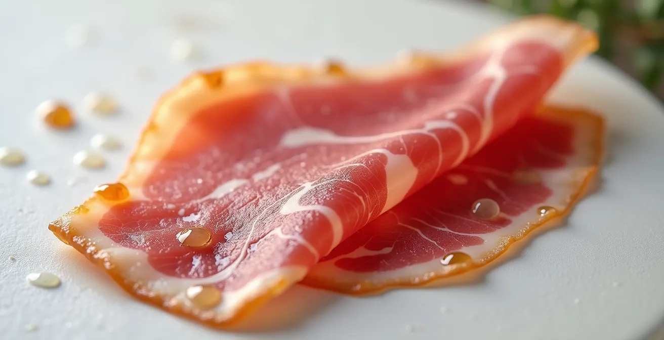 Detalle macro de loncha de jamón ibérico mostrando la grasa brillante a temperatura ideal