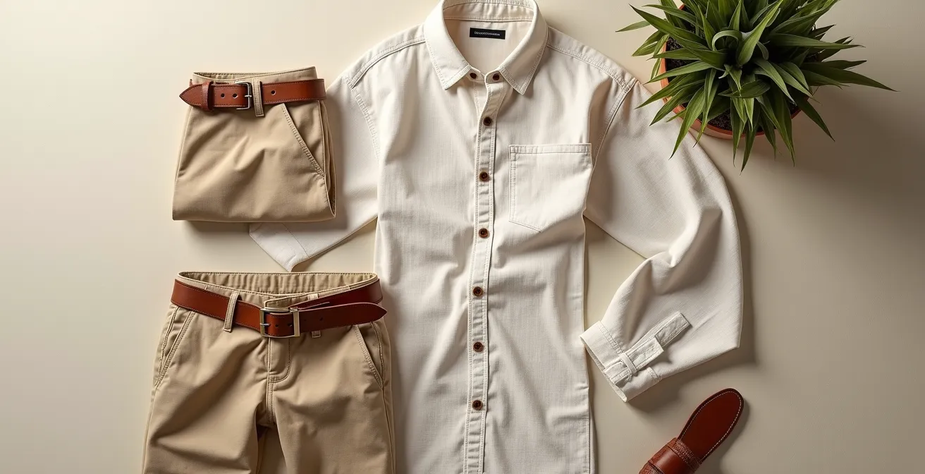 Conjunto masculino con variación tonal de beiges y marrones en ambiente urbano sevillano