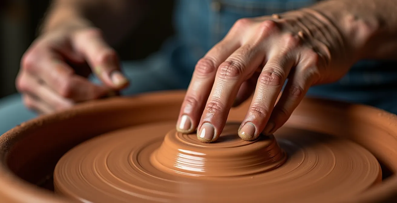 Primer plano de manos de artesano trabajando barro en un torno de alfarería tradicional