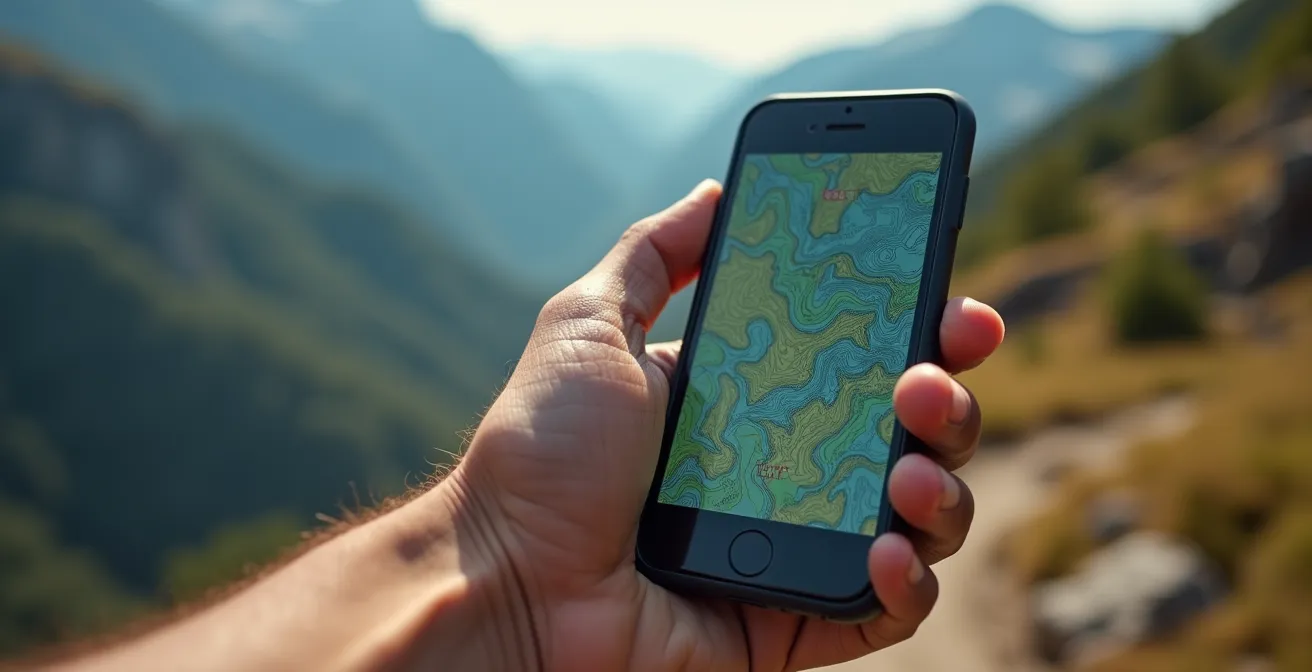Mano sosteniendo smartphone mostrando mapa topográfico sin señal de red