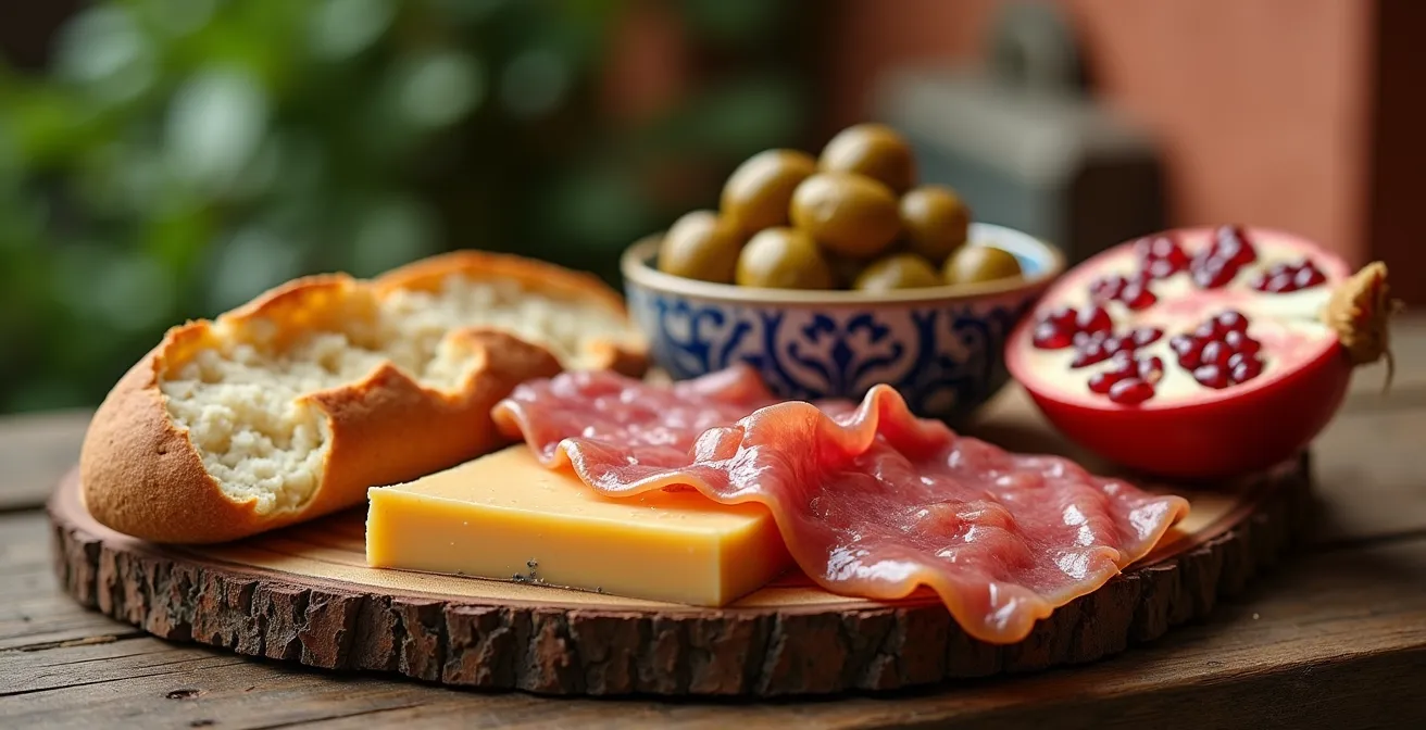 Mesa rústica con productos típicos granadinos preparados para picnic con vistas a los jardines