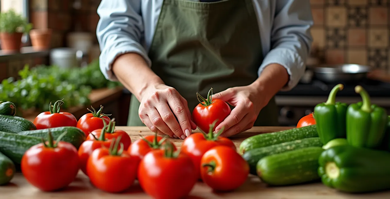 Ingredientes frescos del mercado de Triana preparados para batch cooking de gazpacho