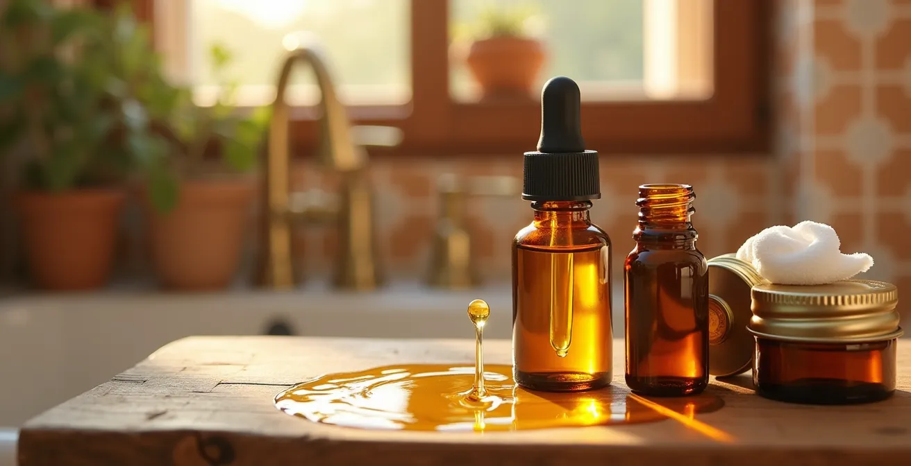 Aceites y bálsamos naturales para barba en un tocador con luz mediterránea