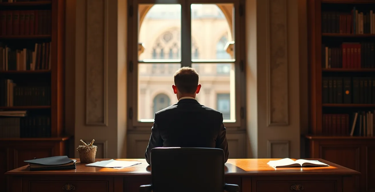Hombre trabajando concentrado en espacio tranquilo con arquitectura sevillana
