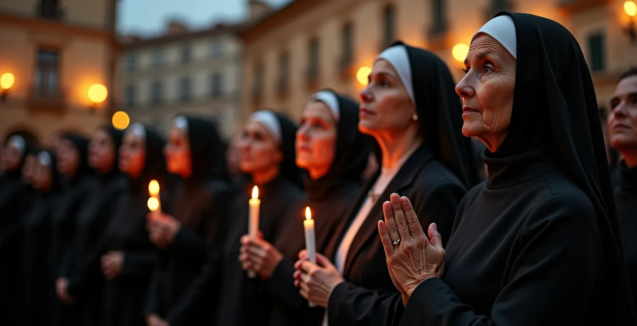 Multitud respetuosa observando una procesión al atardecer con velas y flores