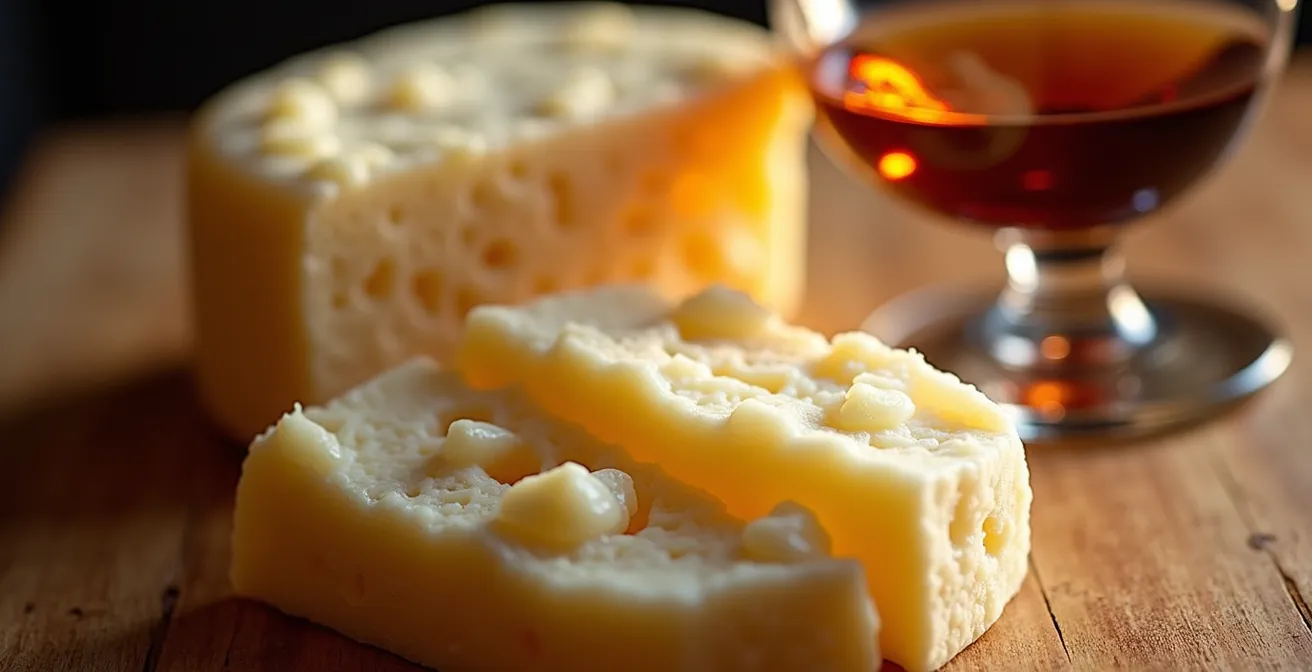 Detalle macro de queso payoyo con textura cremosa junto a copa de Palo Cortado