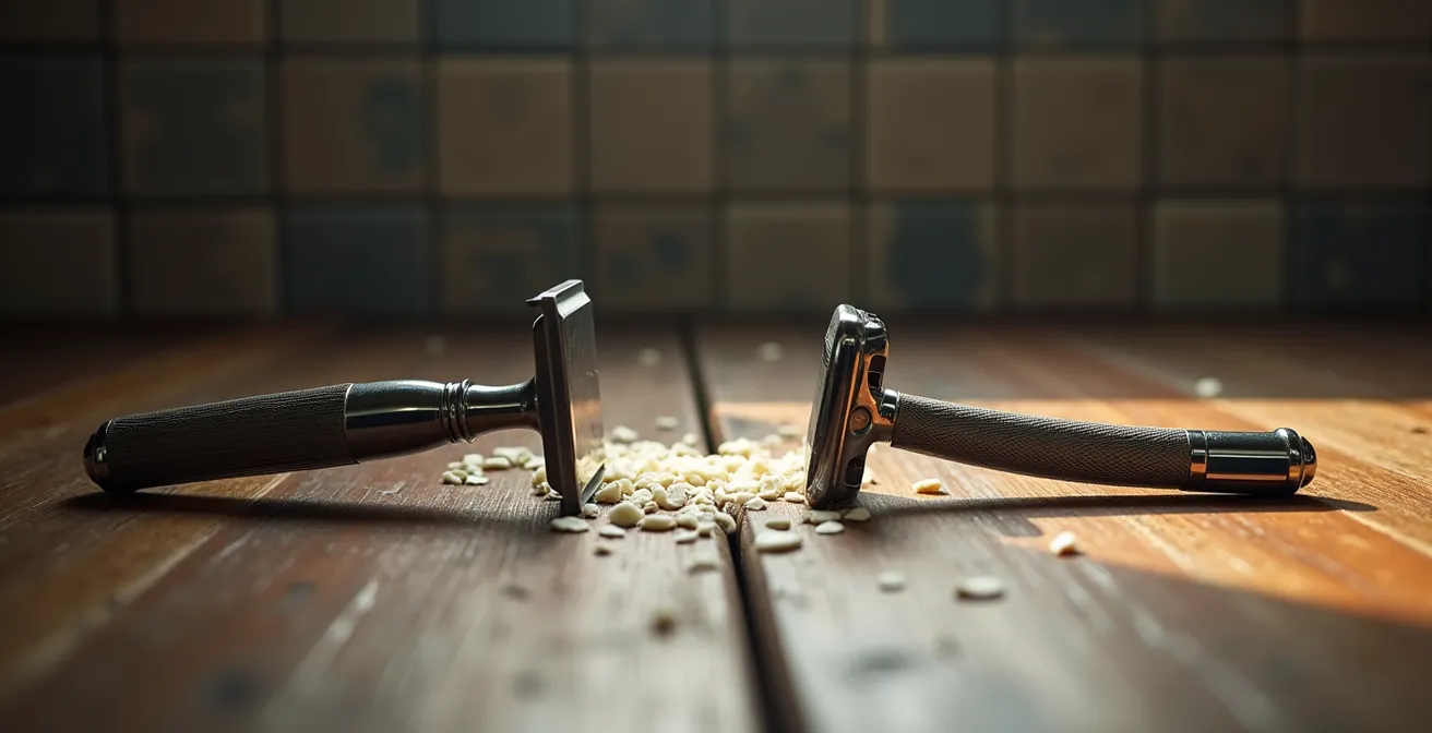 Comparación visual entre una navaja de barbero clásica y una maquinilla de seguridad sobre superficie de madera